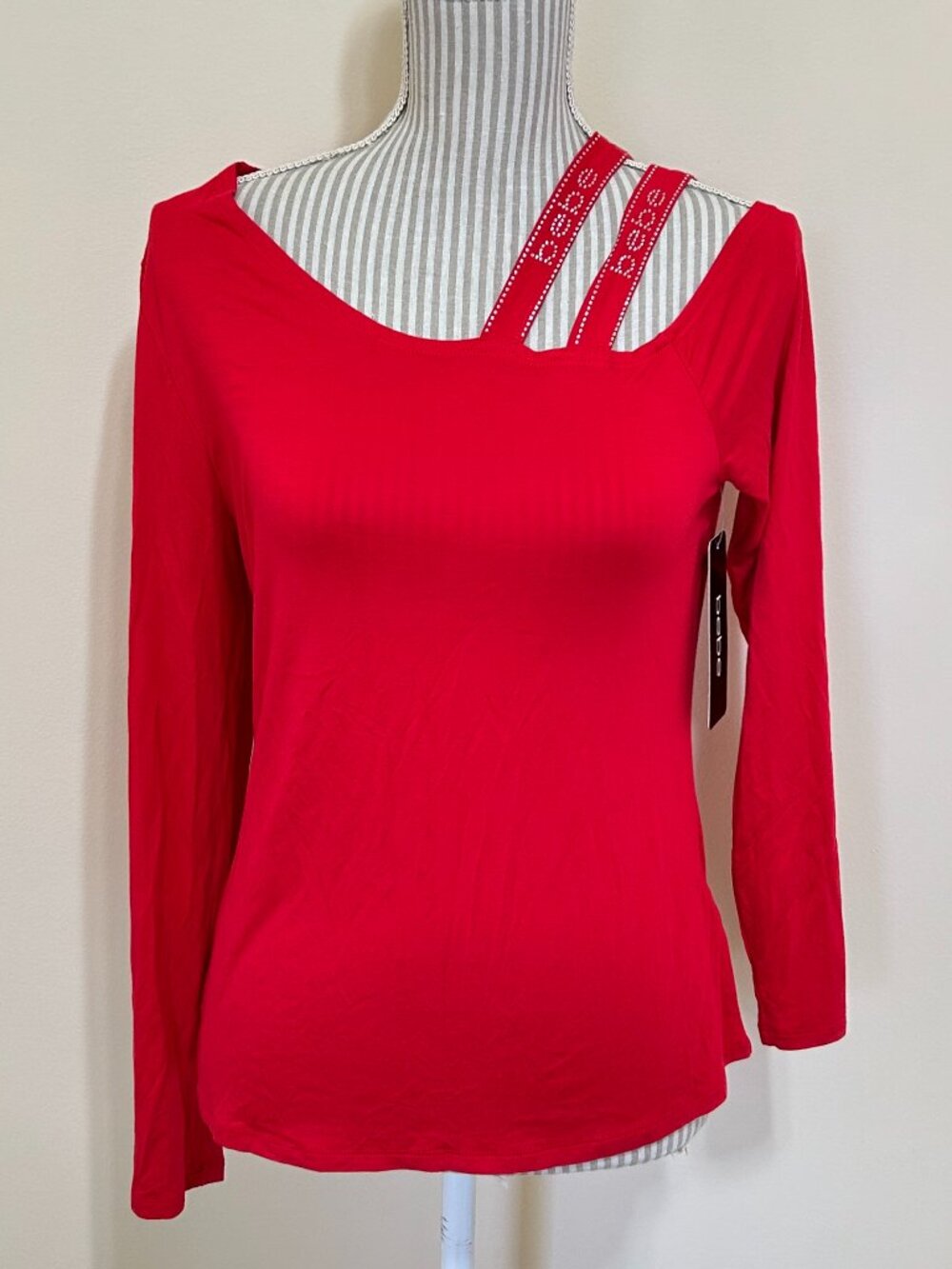 NWT Bebe Rhinestone Logo Asymetrical Neckline Long Sleeve Top Red Size L